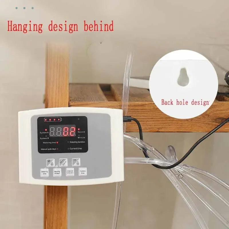Wall-mounted solar irrigation timer controller with connected clear tubing lines