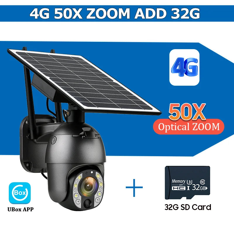 4G PTZ security camera with solar panel, black housing, 50x optical zoom, 32GB SD