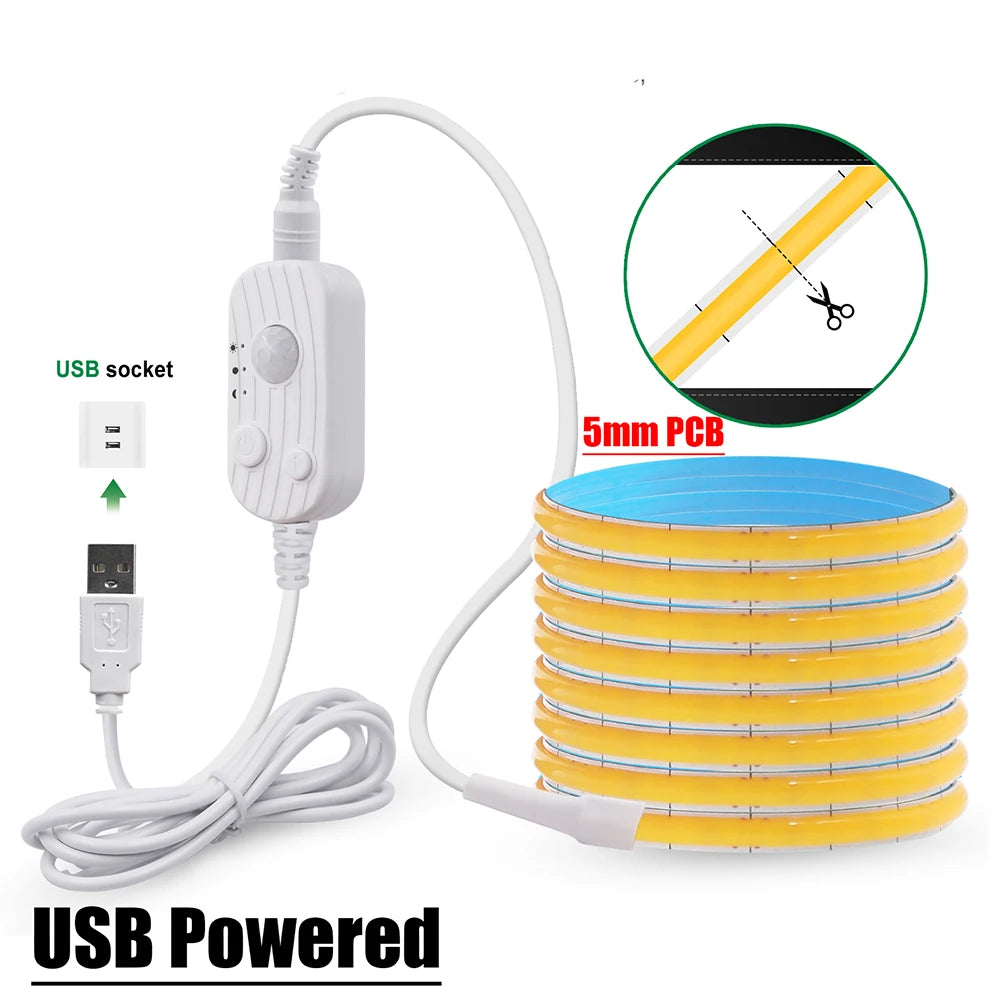 USB-powered LED strip kit with 5mm COB PCB, white controller and coiled tape