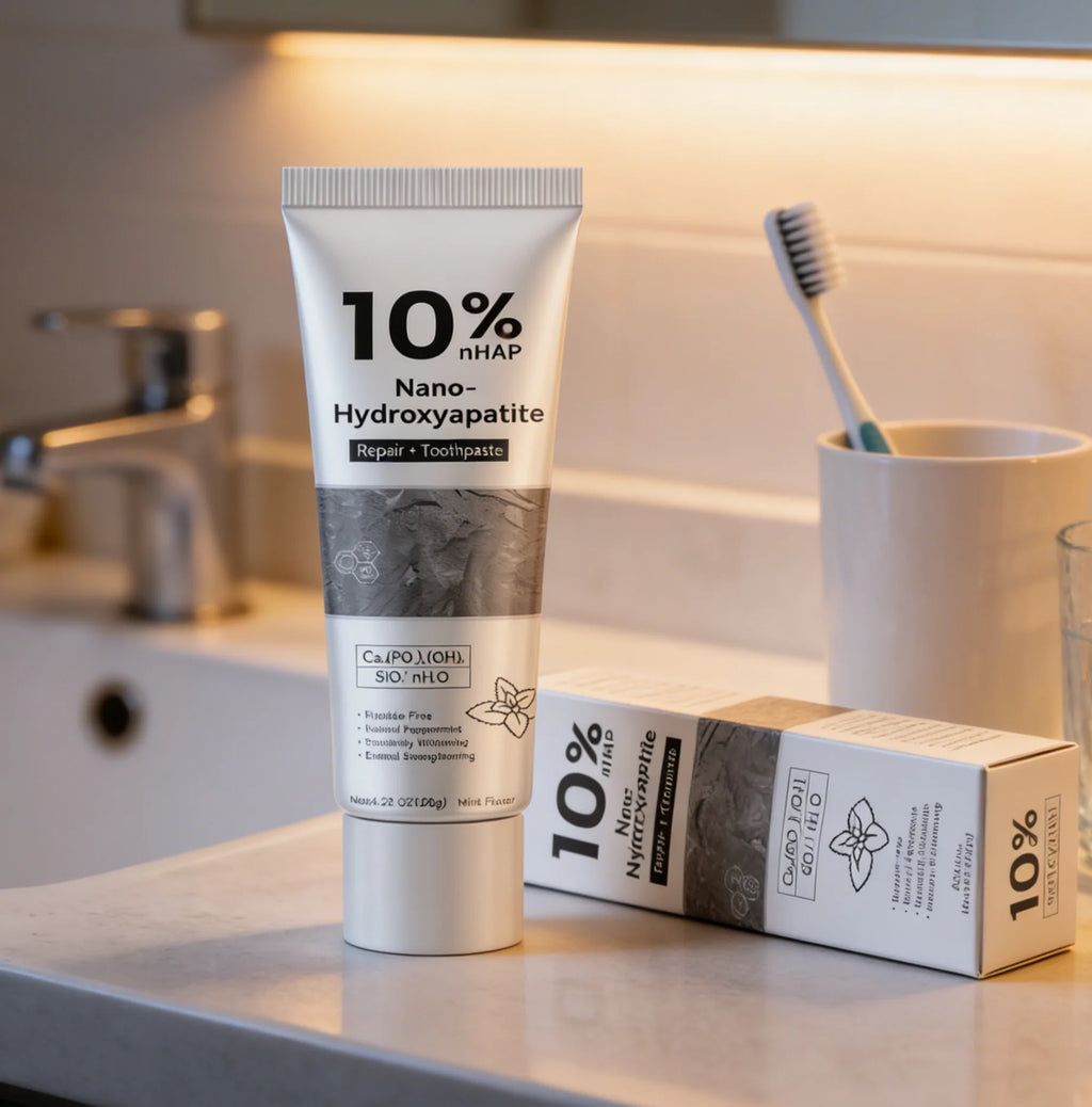 Tidesmit nano hydroxyapatite whitening toothpaste for enamel repair, stain removal, and sensitive teeth care.