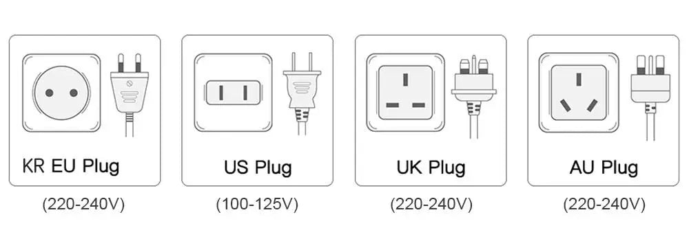 Professional hair dryer and airwrap styler plug options: US, UK, EU, and AU electrical power adapters for travel.