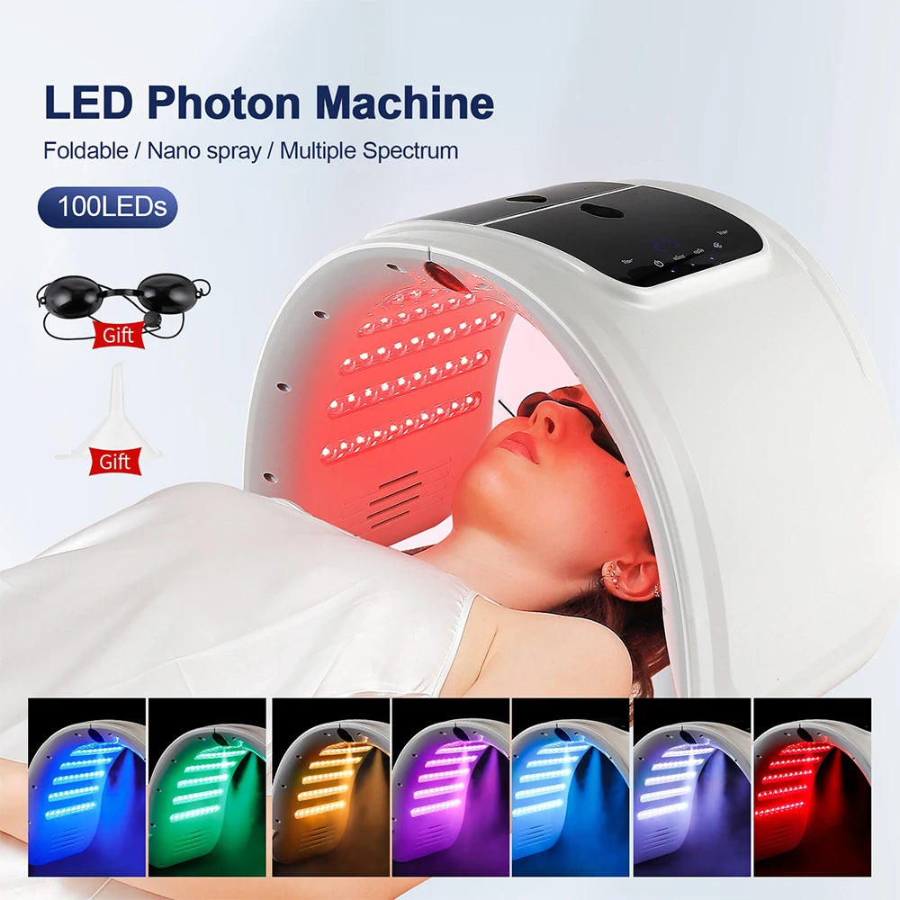 Foldable white LED photon machine for facial skin therapy, featuring 100 LEDs, nano spray, and multiple light colors.