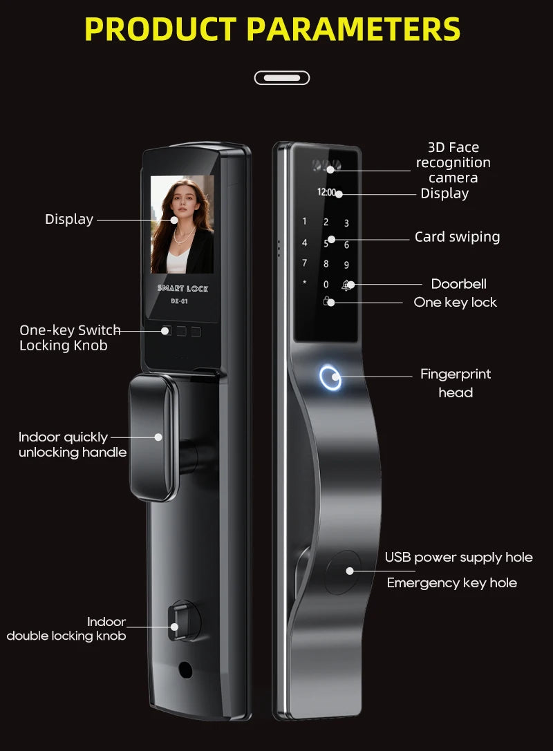 3D Face Recognition Digital Door Lock Unlock Smart Lock With Camera FIngerprint Password Unlock Keyless Electronic Door Lock