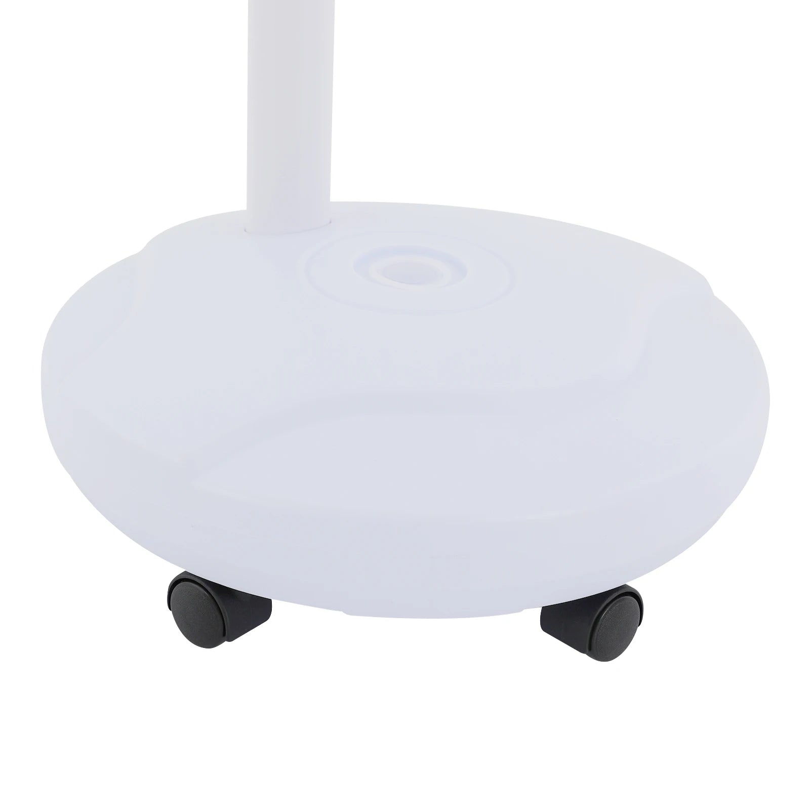White weighted base of 275W heat therapy lamp with rolling wheels for adjustable home muscle pain relief.