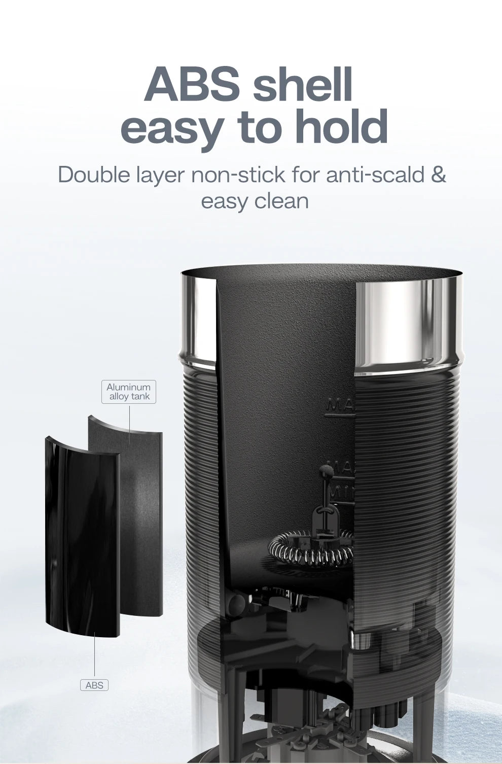 Black electric milk frother with ABS shell, aluminum alloy tank, and non-stick double layer for easy cleaning.