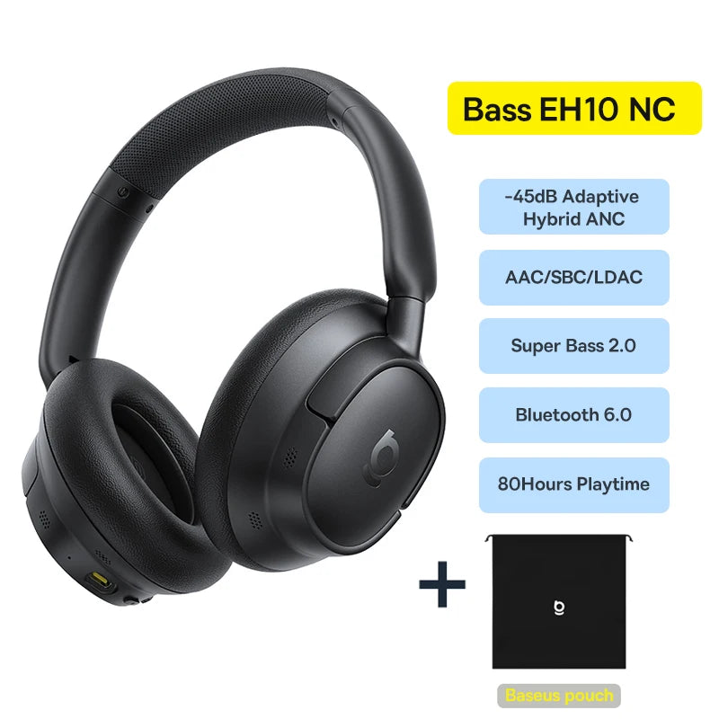 Wireless Headphones with Active Noise Cancellation & 120H Battery EH10NC Black pouch China Mainland Tidesmit