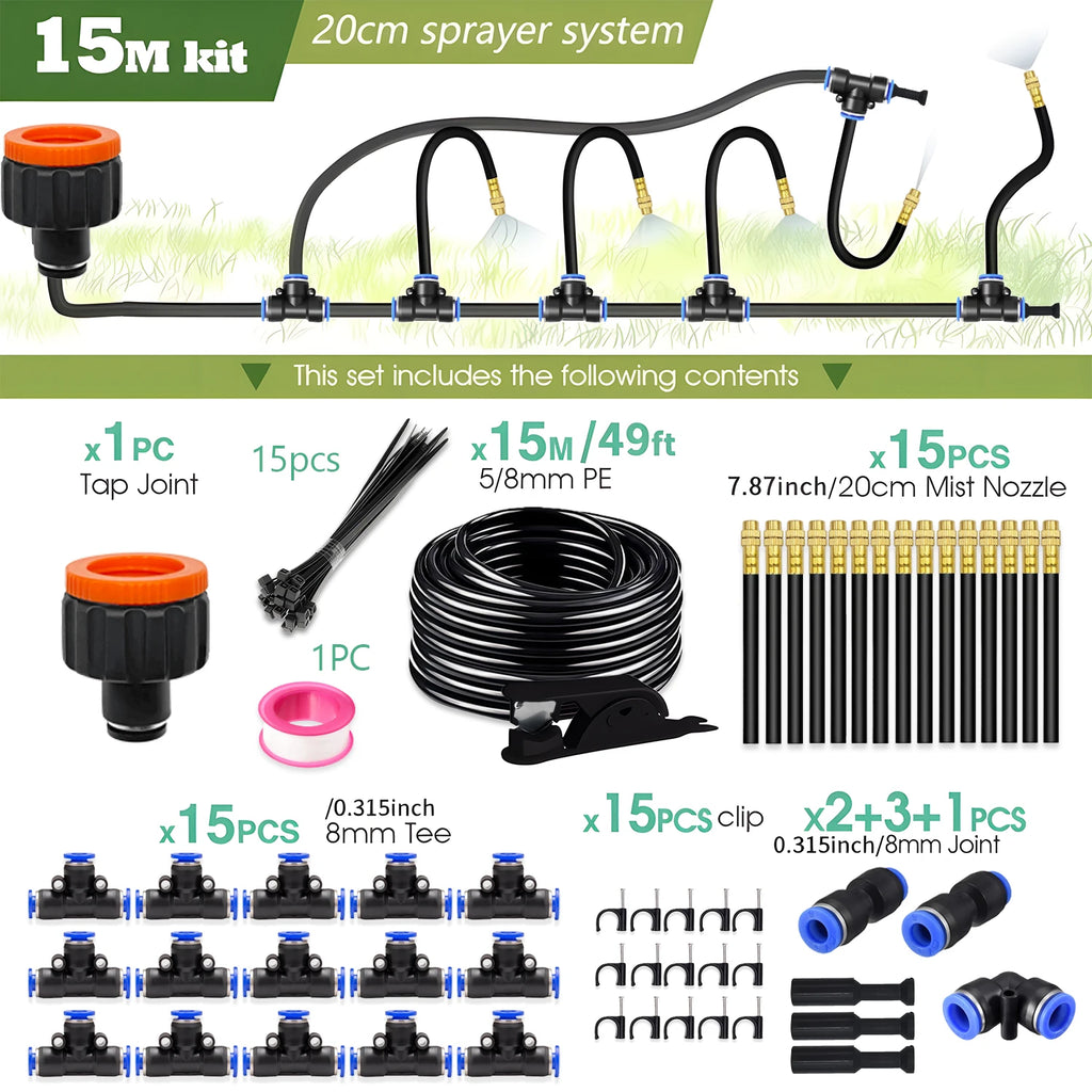30M-5M DIY Free Bending Universal Sprayer Kit 8mm Hose Patio Misting Cooling System for Garden Plant Fogging Watering Irrigation