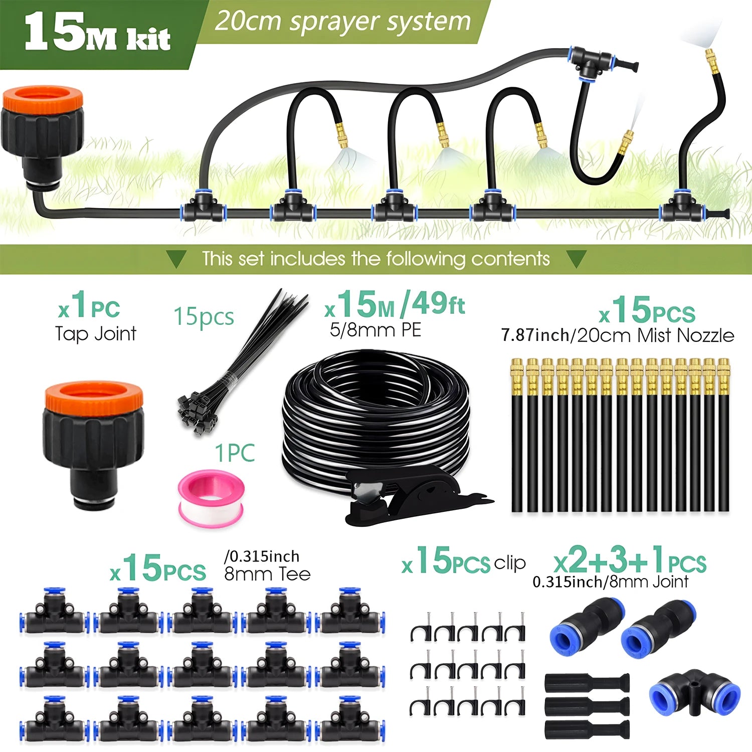 30M-5M DIY Free Bending Universal Sprayer Kit 8mm Hose Patio Misting Cooling System for Garden Plant Fogging Watering Irrigation