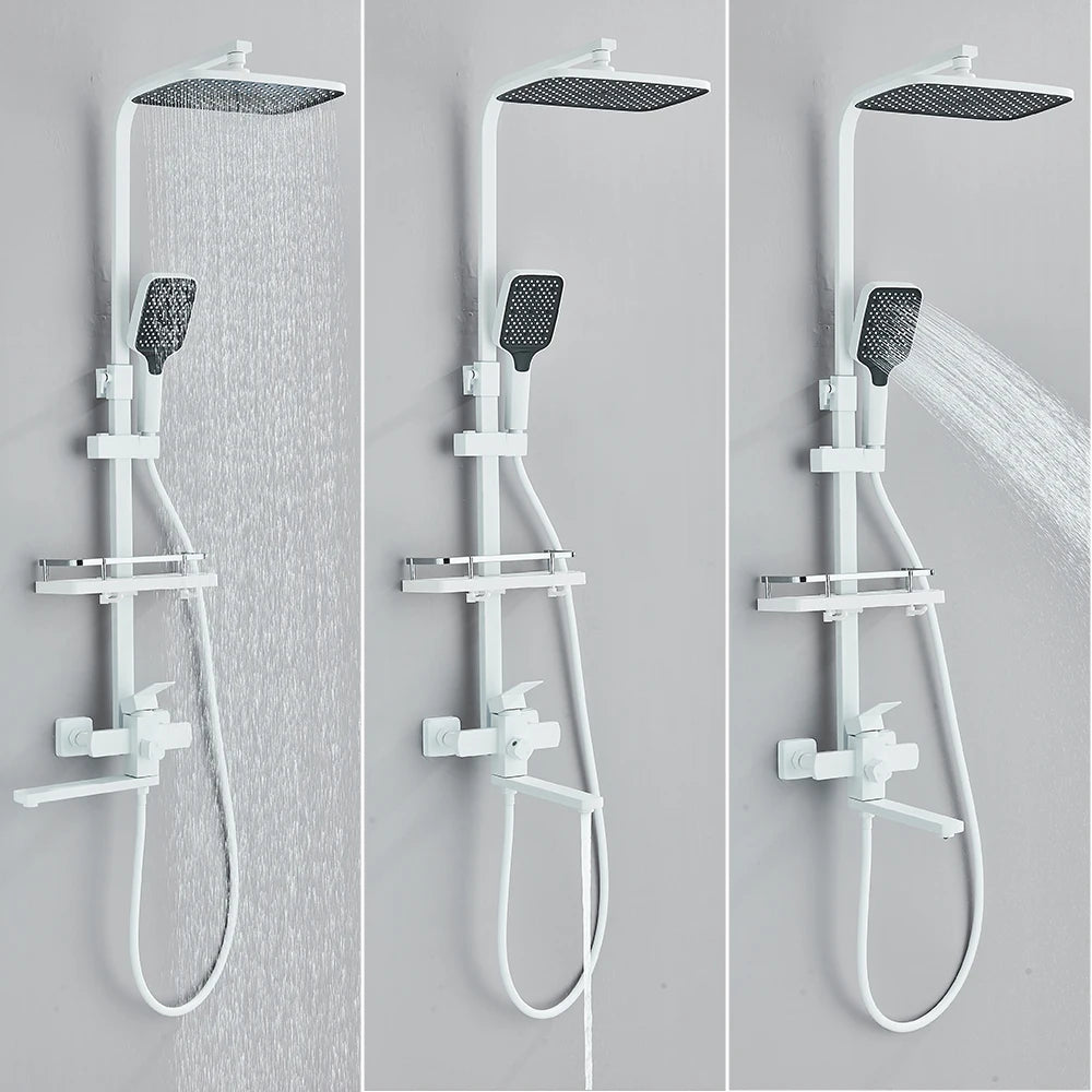 White Bathroom Shower Faucet Set Long Spout Rotation 3 Function Rainfall Headshower With Shelf Hot Cold Shower Mixer Tap System