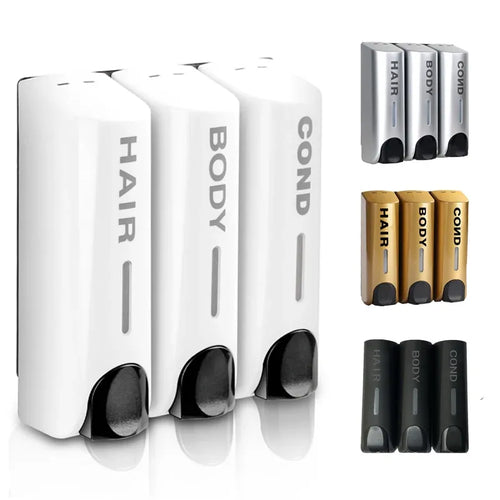 Wall-mount soap dispenser set for plastic-free shampoo bars, available in single, double, or triple 350ml configurations.