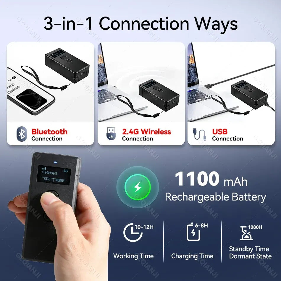 LCD Screen Bluetooth 2D Barcode Scanner with Display Support Mobile Phone iPad Wireless Barcode Reader 1D 2D QR Bar Code Machine