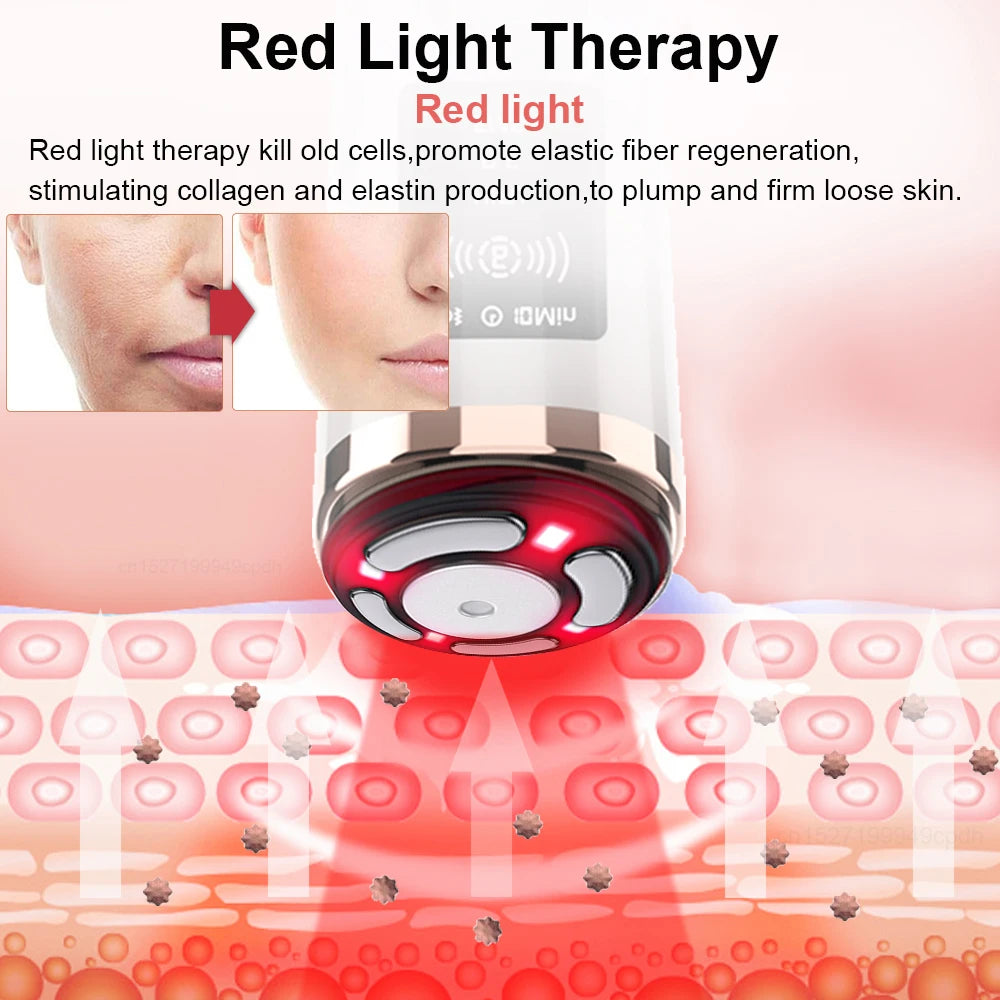 Mini HIFU RF facial massager with red light therapy for anti-aging, skin tightening, and firming.