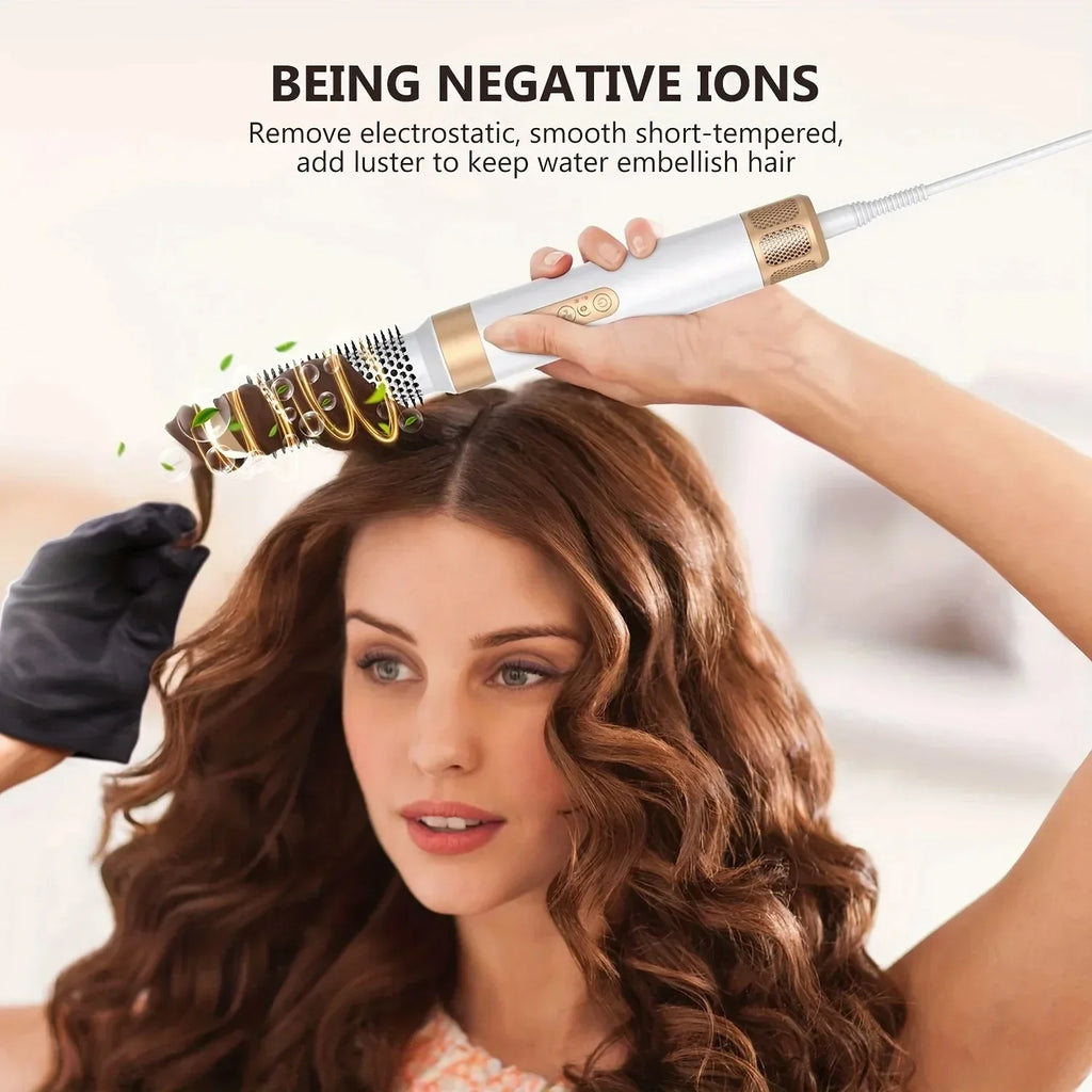 TINSOL 7-in-1 ionic hair dryer brush in white and gold styling wavy hair with hot air curling attachment.