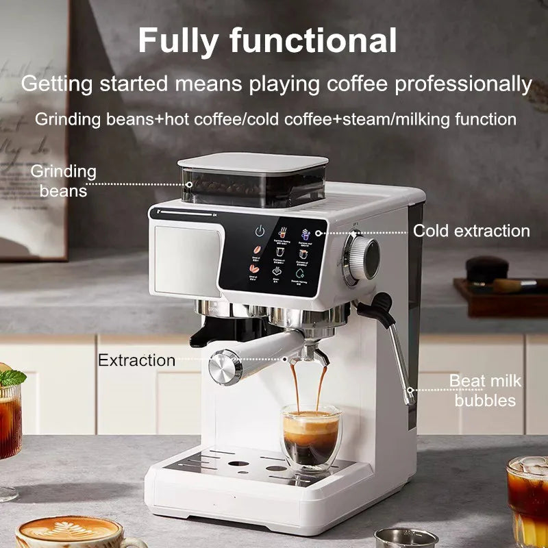 White espresso coffee machine with integrated bean grinder, steam wand, and touchscreen display for home brewing.