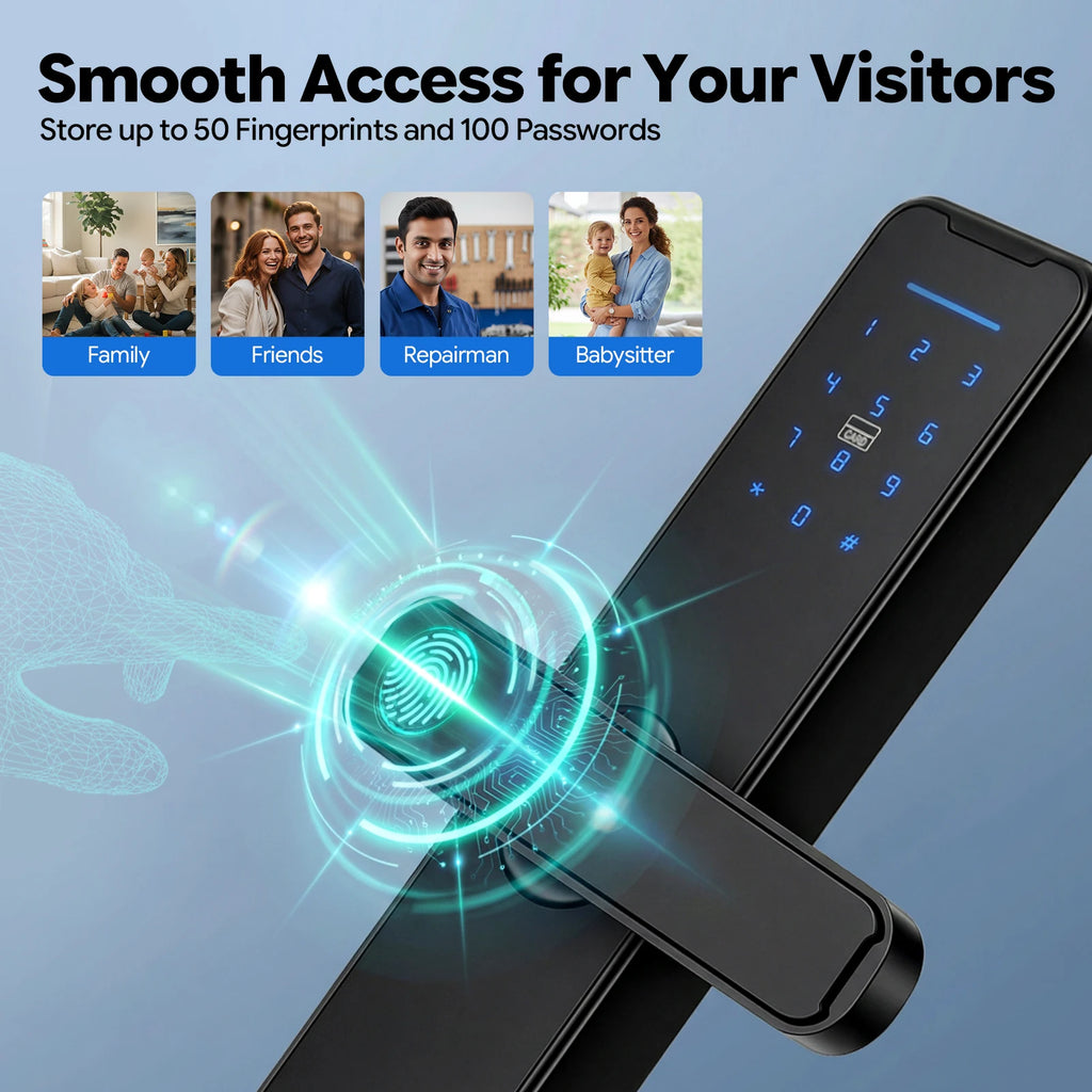 Smart Door Lock WiFi Tuya APP Fingerprint Keyless Entry Door Lock W/50 Fingerprints, 100 Passwords, Key & Temporary Password