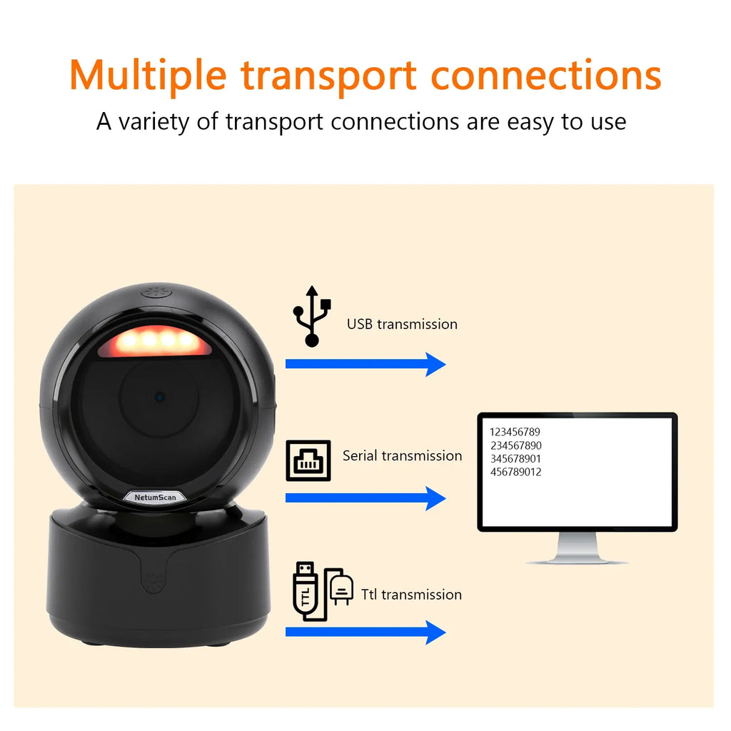 Black barcode scanner on a stand with USB/serial/tel transmission diagram