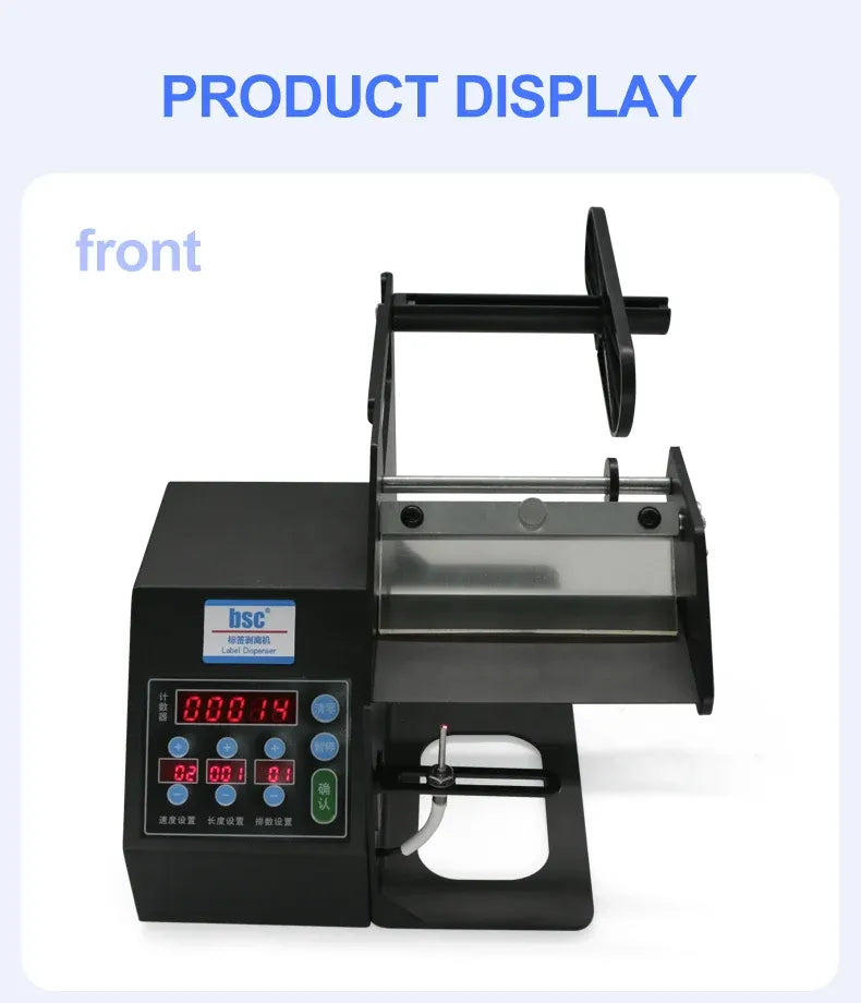 Automatic label stripper machine front view with digital control screen and stand.