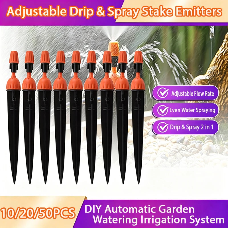 360° Adjustable 2-in-1 Drip Spray Stake Emitter Shutoff Mist Nozzle Garden Micro Irrigation Water Stake for Pots Lawn Greenhouse