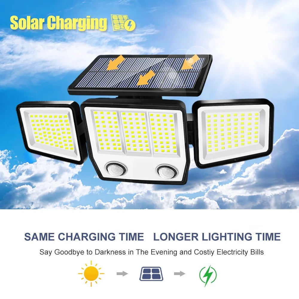 Solar Lights Outdoor 3 Heads Motion Sensor 286/236LED Security Flood Lights Waterproof 3 Modes Wall Lamp for Garden Patio Yard