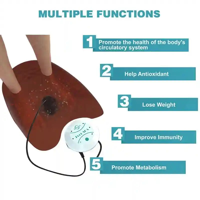 Ionic foot detox machine showing spa array in water with five health benefits listed for home massage therapy.