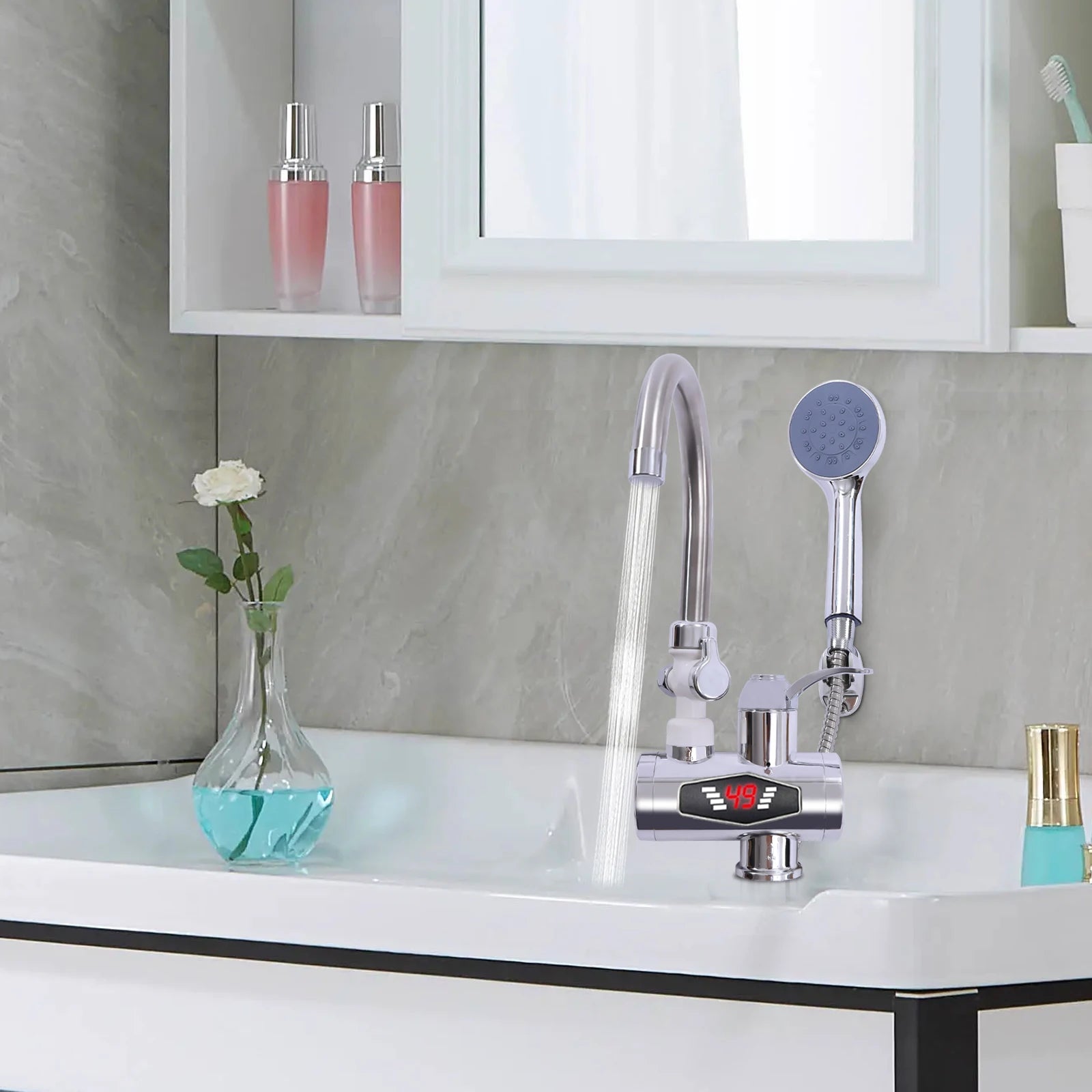 Electric Shower Water Heater Instant Hot Water Faucet 360° Rotating Fast Heating Tap Tankless with LED Display 3000W