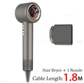 Grey 1600W leafless negative ion hair dryer with nozzle attachment, constant temperature styling tool for smooth hair.
