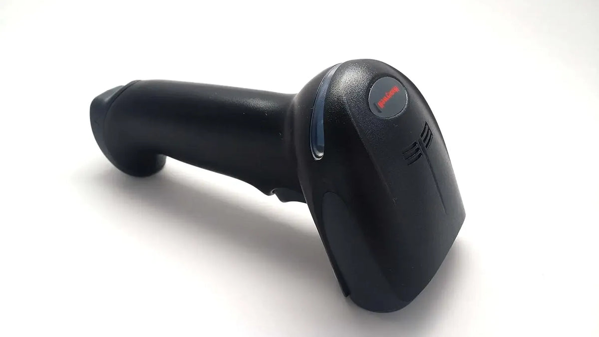 2D handheld barcode scanner with black handle and scanning head angled