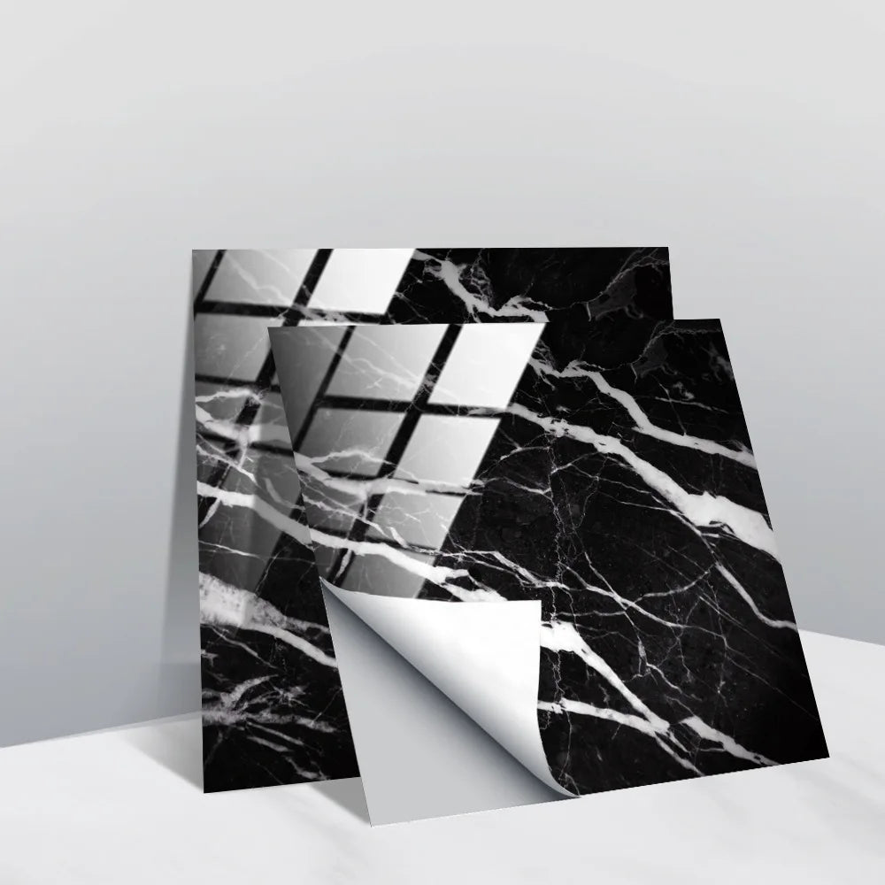 Peel-and-stick faux crystal tile wall stickers, black marble with white grid lines.