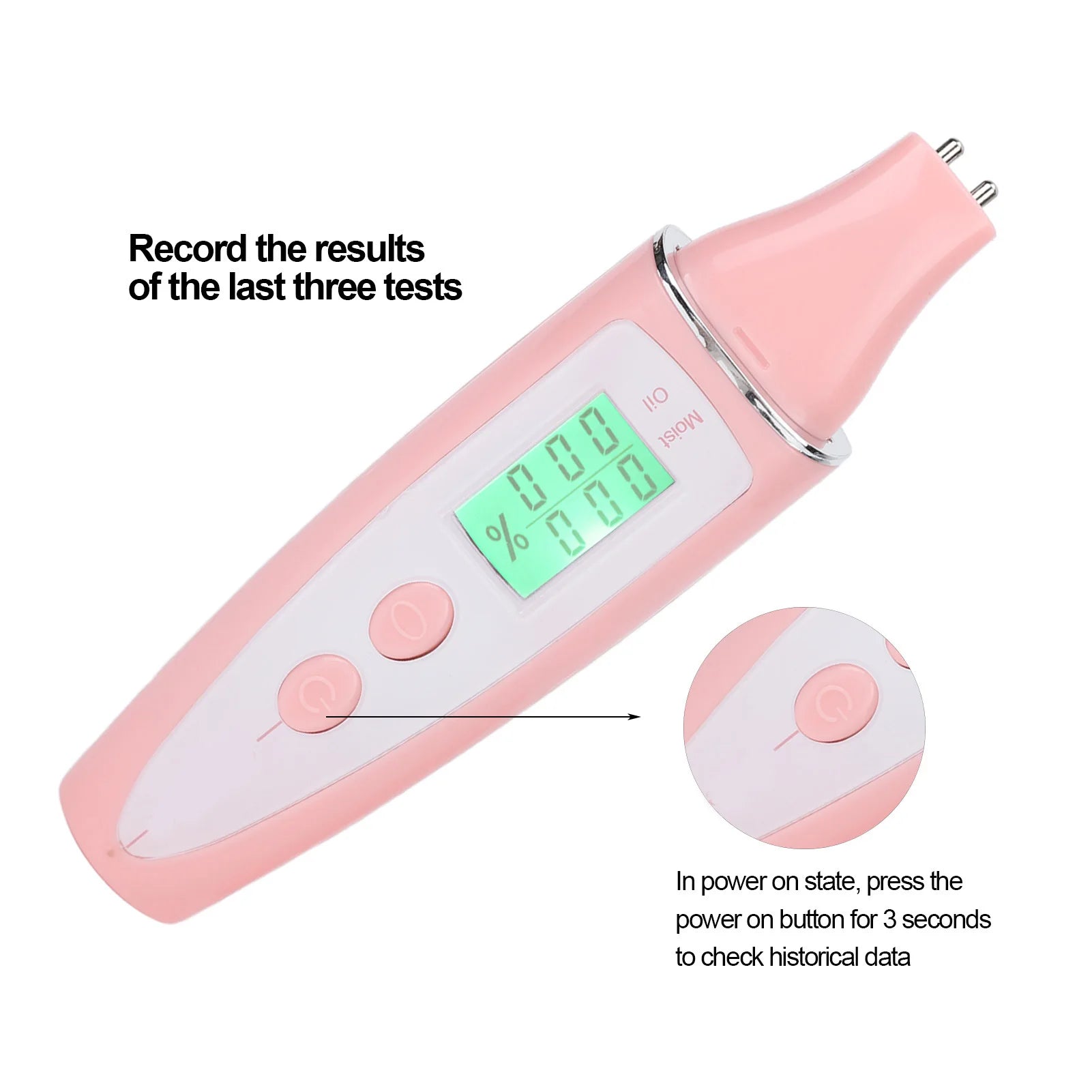 Pink portable facial skin analyzer pen with digital LCD display for measuring skin moisture and oil levels at home.
