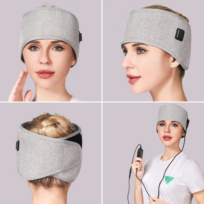 Grey full-wrap heated headband for migraine relief with red light therapy and 3 heating modes for stress reduction.