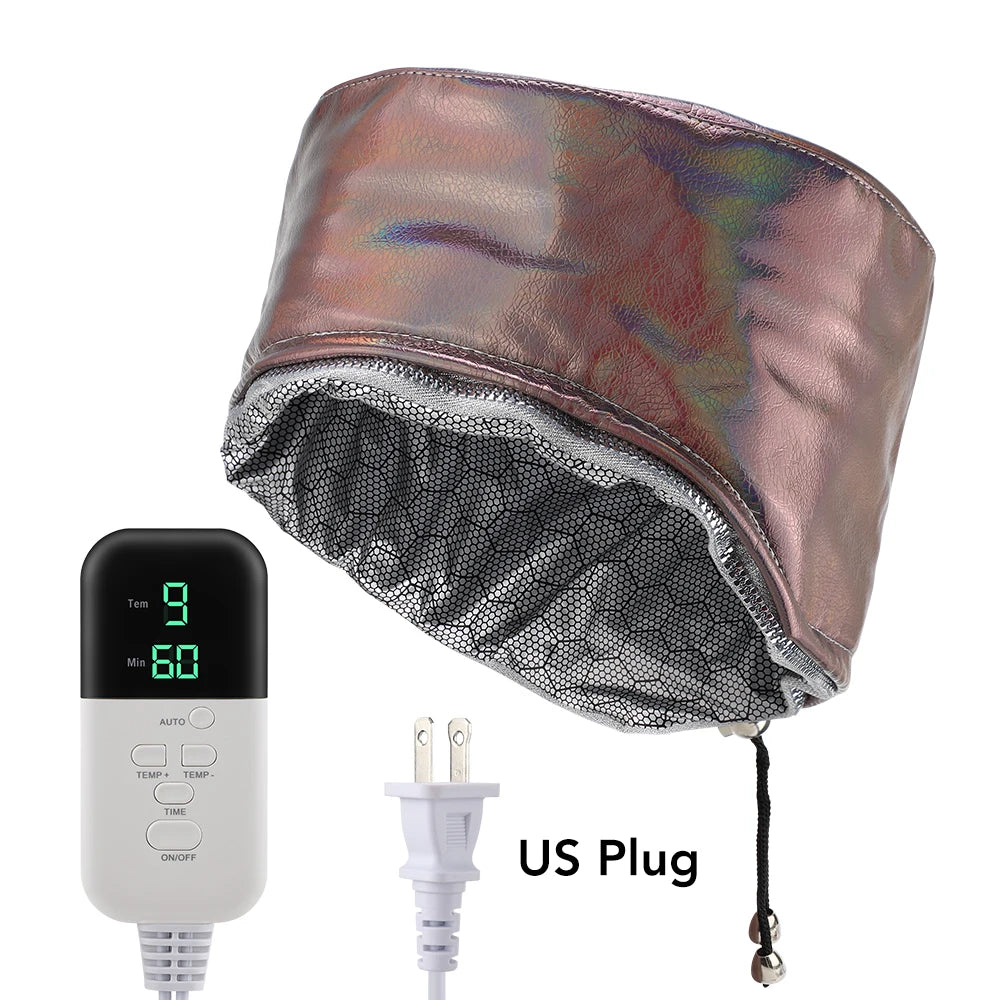 Iridescent PU leather electric hair steamer cap with digital temp control, US plug, and deep conditioning thermal lining.