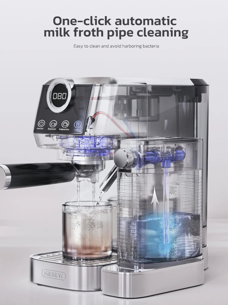HiBREW automatic espresso machine with silver metallic finish, digital display, and 700ml clear milk frothing tank.