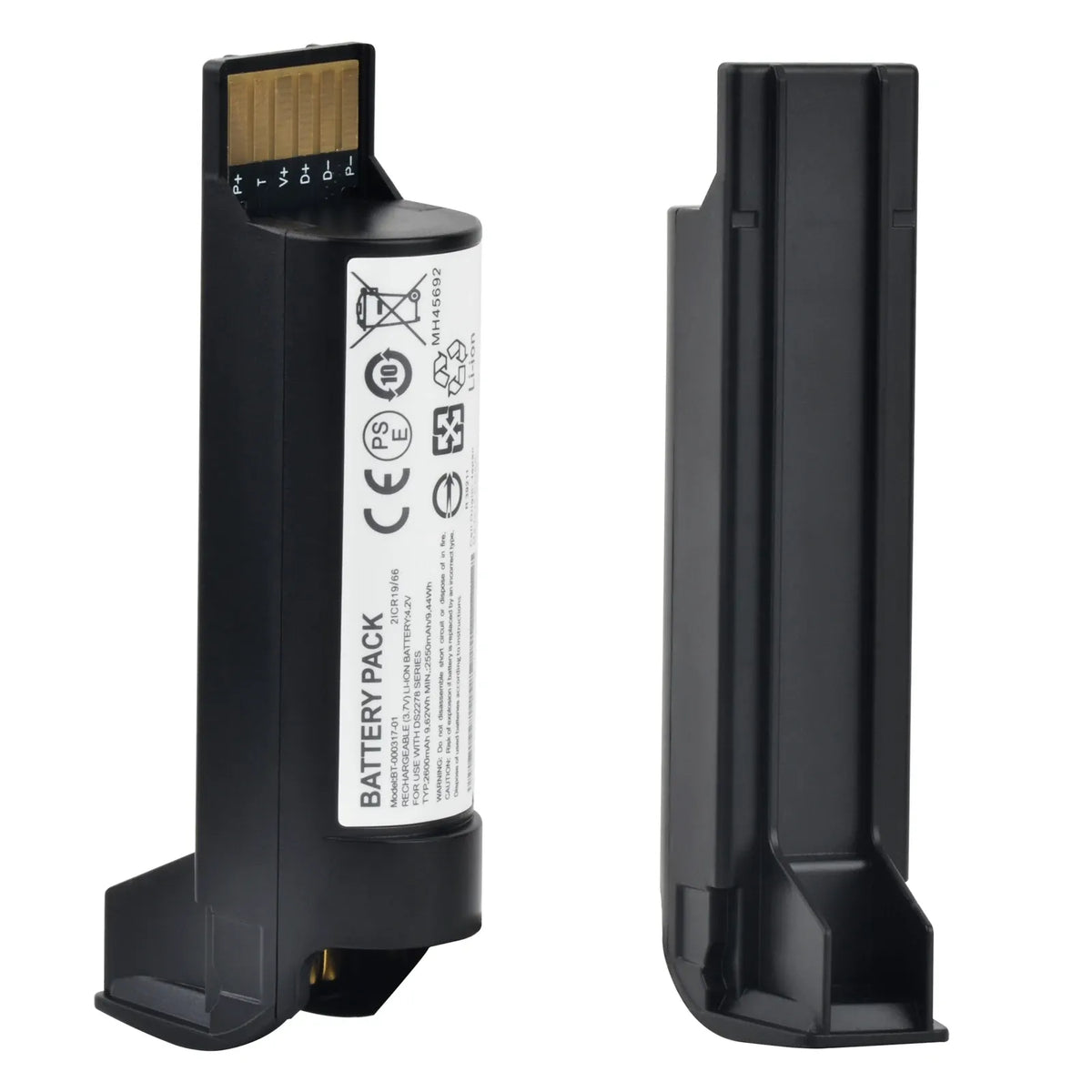 Black battery pack with exposed gold contact pins and side label