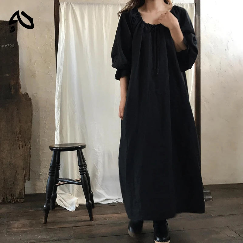 Original New Spring Vintage Cotton Linen Dress for Women Solid Long Sleeve Drawstring Linen One-Piece Dress Maxi Dress