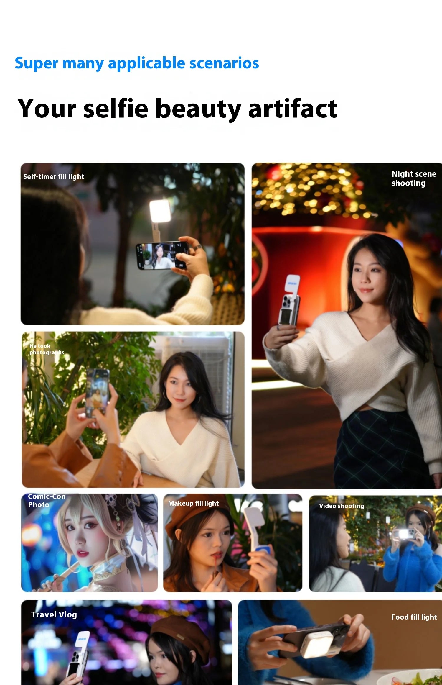 Small white rectangular LED fill light attaches to a smartphone for vlogging, makeup, and night photography.