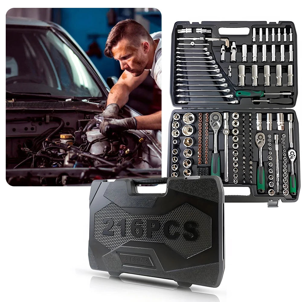 Podofo 216Pcs Advanced Auto Repair Mechanic Tools 1/4" 3/8" 1/2" Socket Wrench Sets Automotive Repair For Motorcycle Household