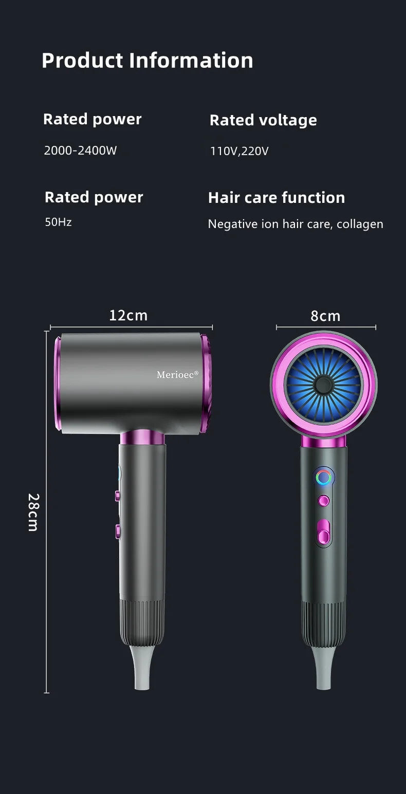 2400W high-speed negative ion hair dryer, grey and purple salon-grade design with ionic hair care technology.