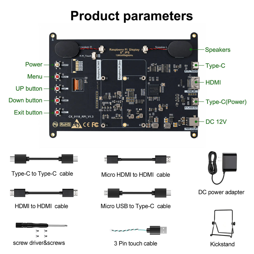 8 Inch Raspberry Pi Touch Monitor 1920×1200 IPS 10-Point Touch Screen Built-in Speaker HDMI Display for Pi 5 4B PC Case 3D Print