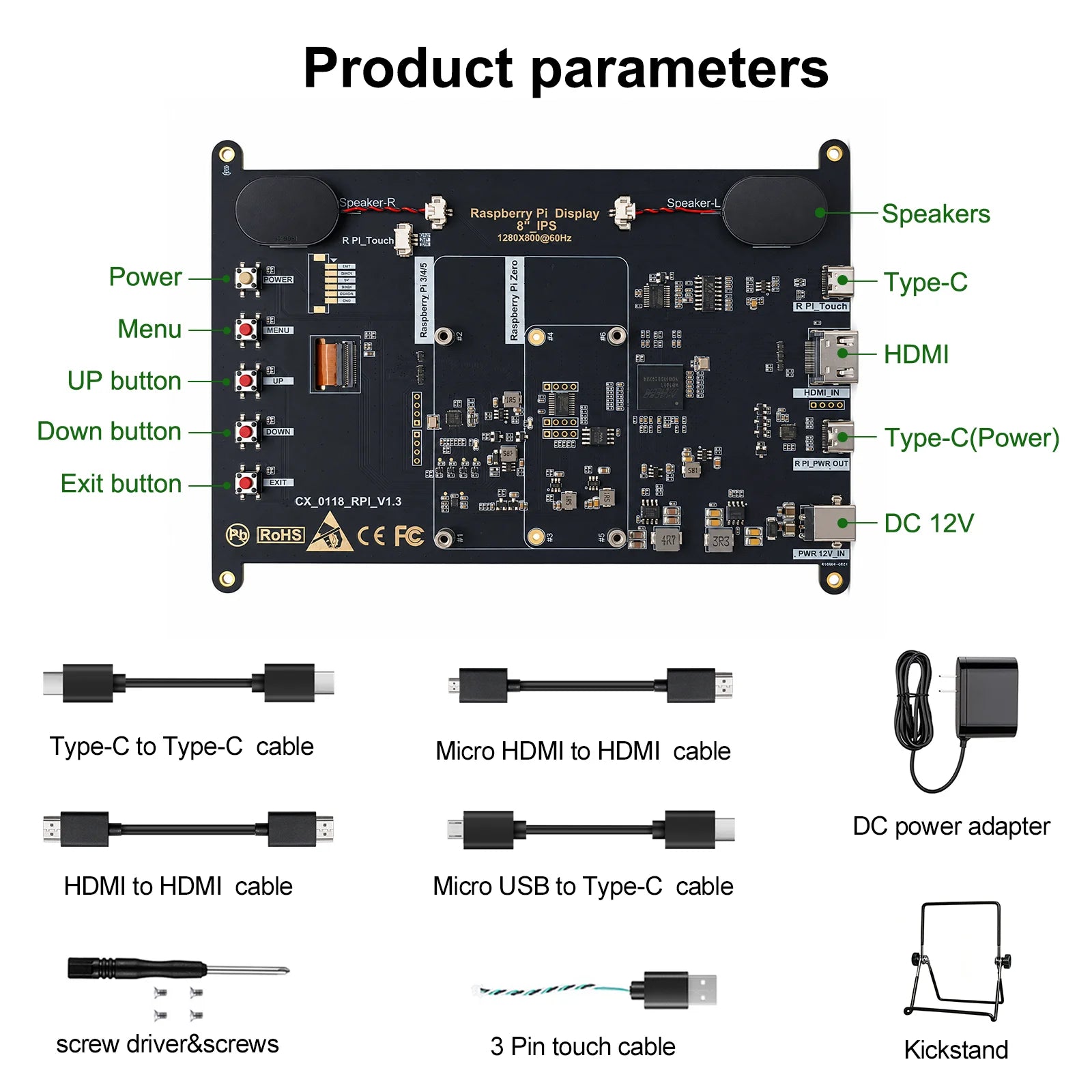 8 Inch Raspberry Pi Touch Monitor 1920×1200 IPS 10-Point Touch Screen Built-in Speaker HDMI Display for Pi 5 4B PC Case 3D Print