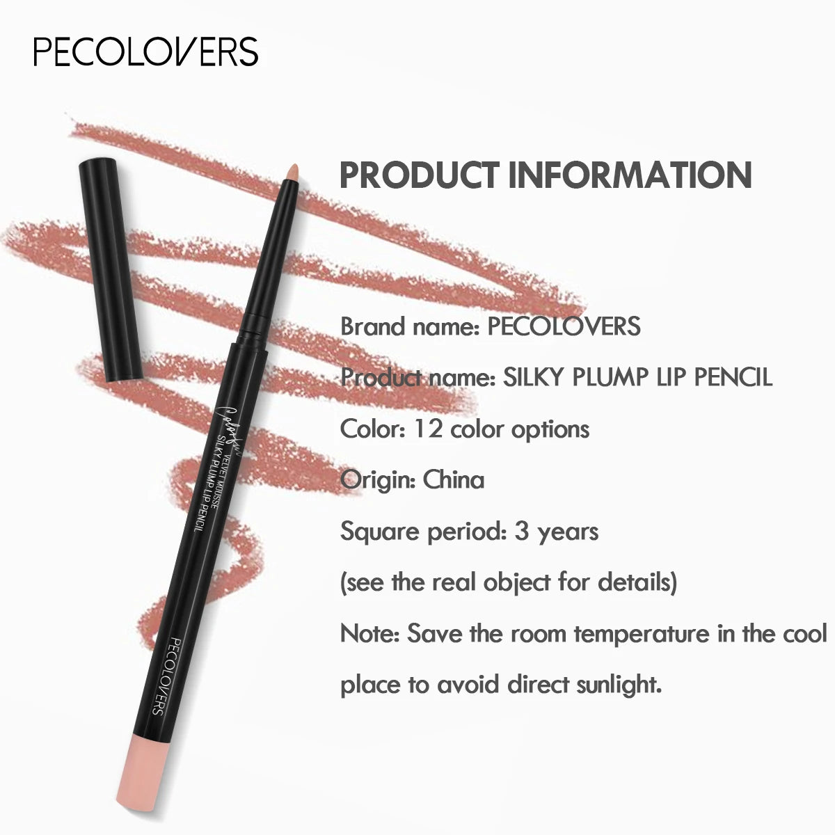 PECOLOVERS waterproof matte lip liner pencil with velvet finish, available in 12 long-lasting shades for lip makeup.