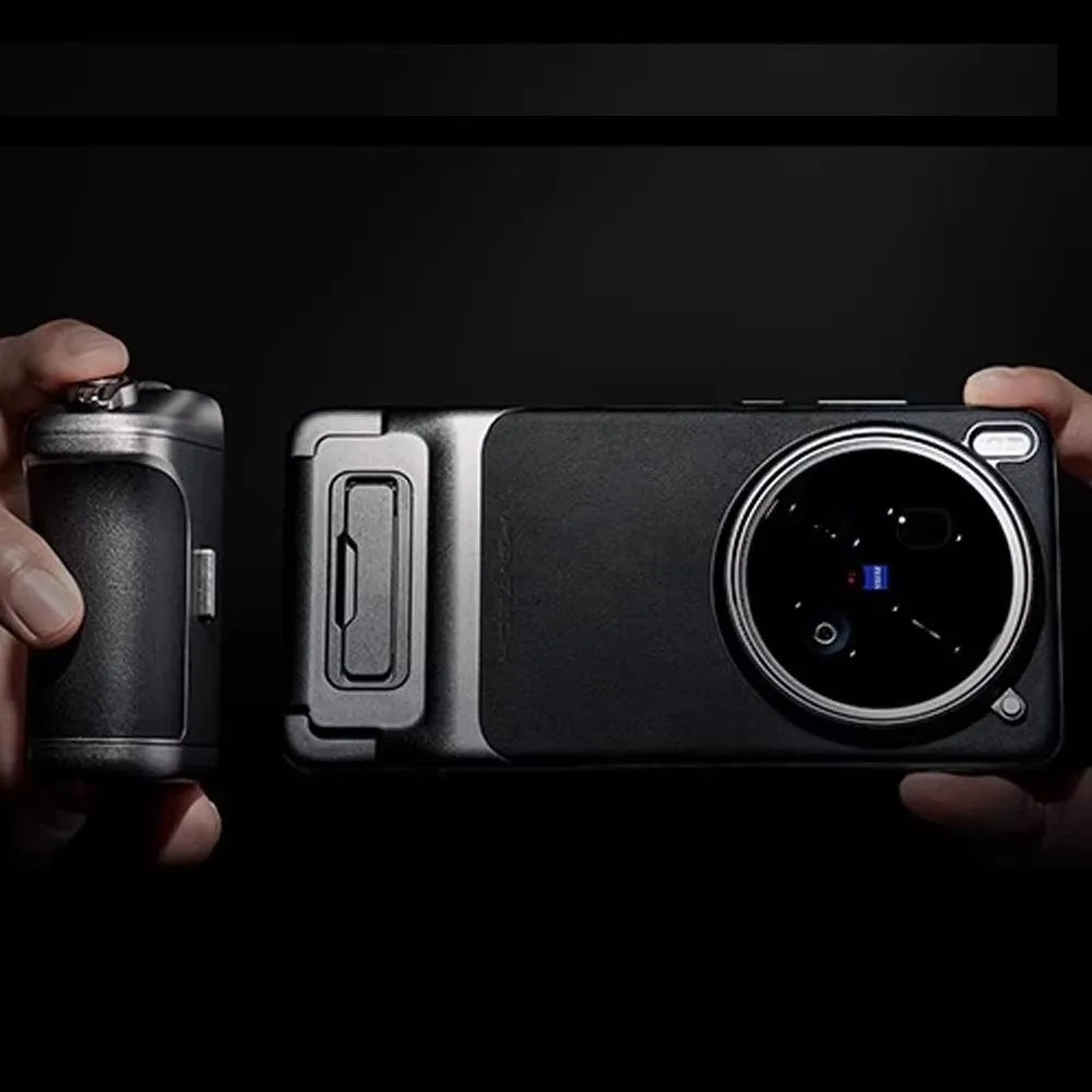 Black, metal-textured smartphone camera grip and protective case with ergonomic handle for improved mobile photography.