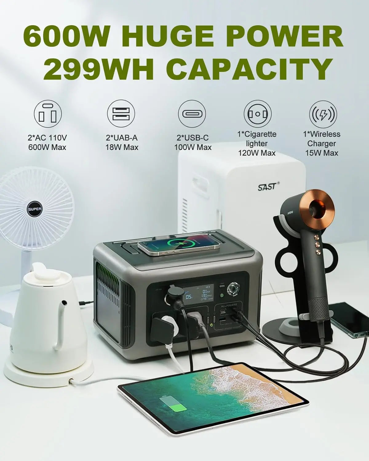 Portable Power Station 299Wh 600W LiFePO4 Fast Charging Battery Tidesmit