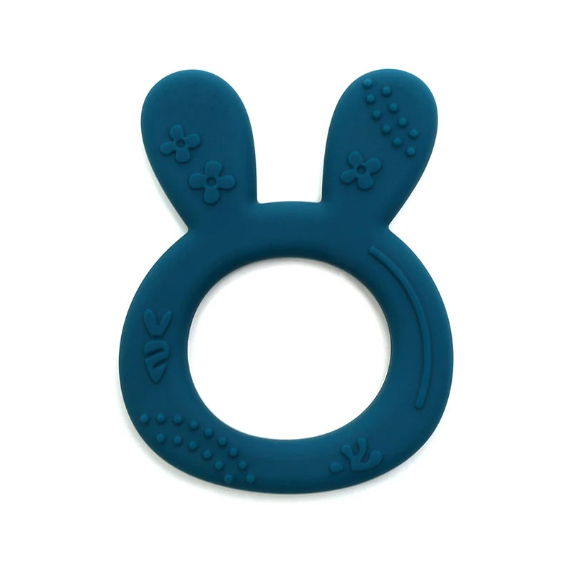 Blue rabbit teething ring made of safe silicone for baby teething relief.