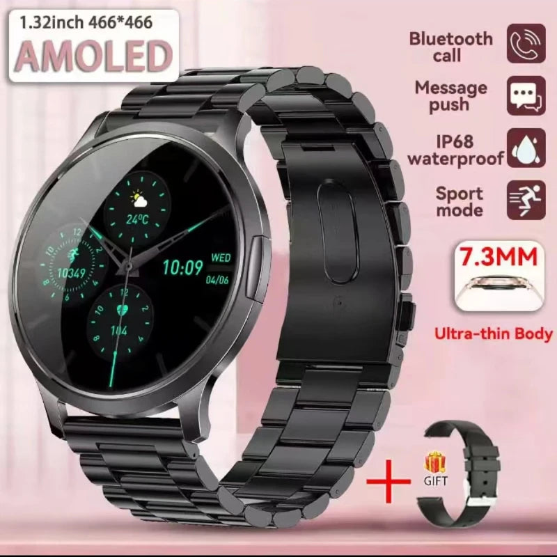 Women’s ultra-thin AMOLED smart watch, black steel link band, round black display