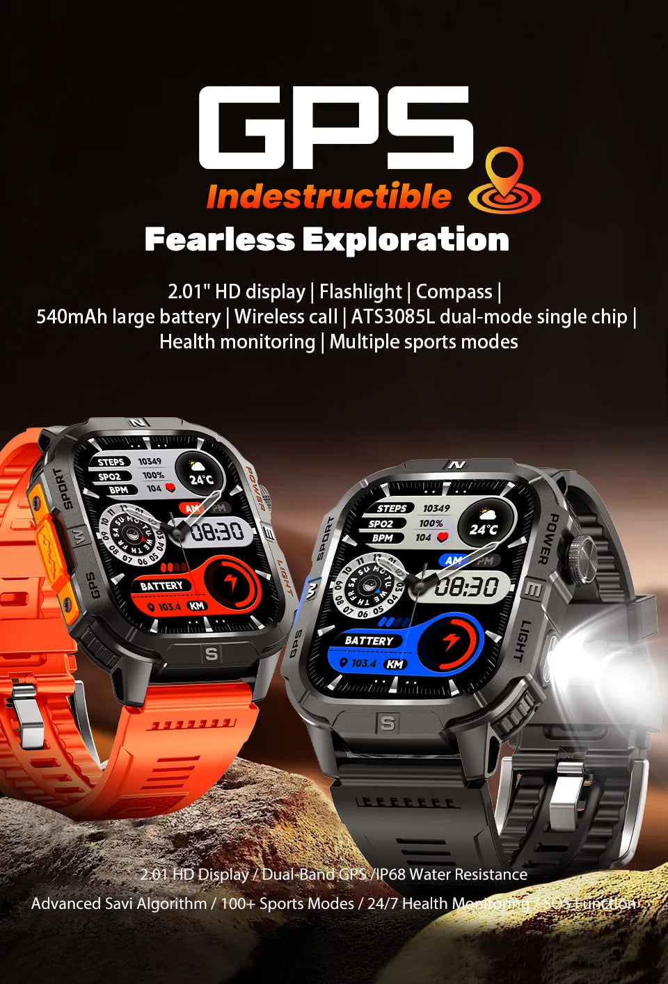 2026New Outdoor Military Men's Smartwatch, Equipped With GPS LED Lighting, Compass, Wireless Communication IP68 Waterproof Watch