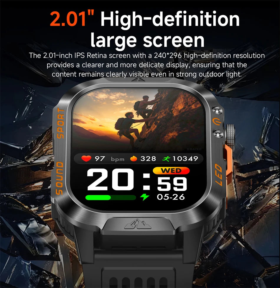 New 1200 mAh Battery Rugged Military Smartwatch Men 5ATM Waterproof Fitness Tracker Health Monitor 100+Sports Call Smart Watches