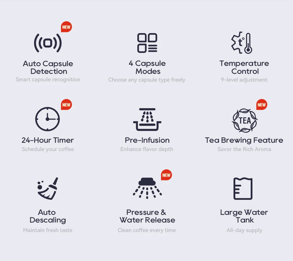 Infographic showing smart coffee and tea maker features: capsule detection, 4 modes, temperature, timer, and tea brew.