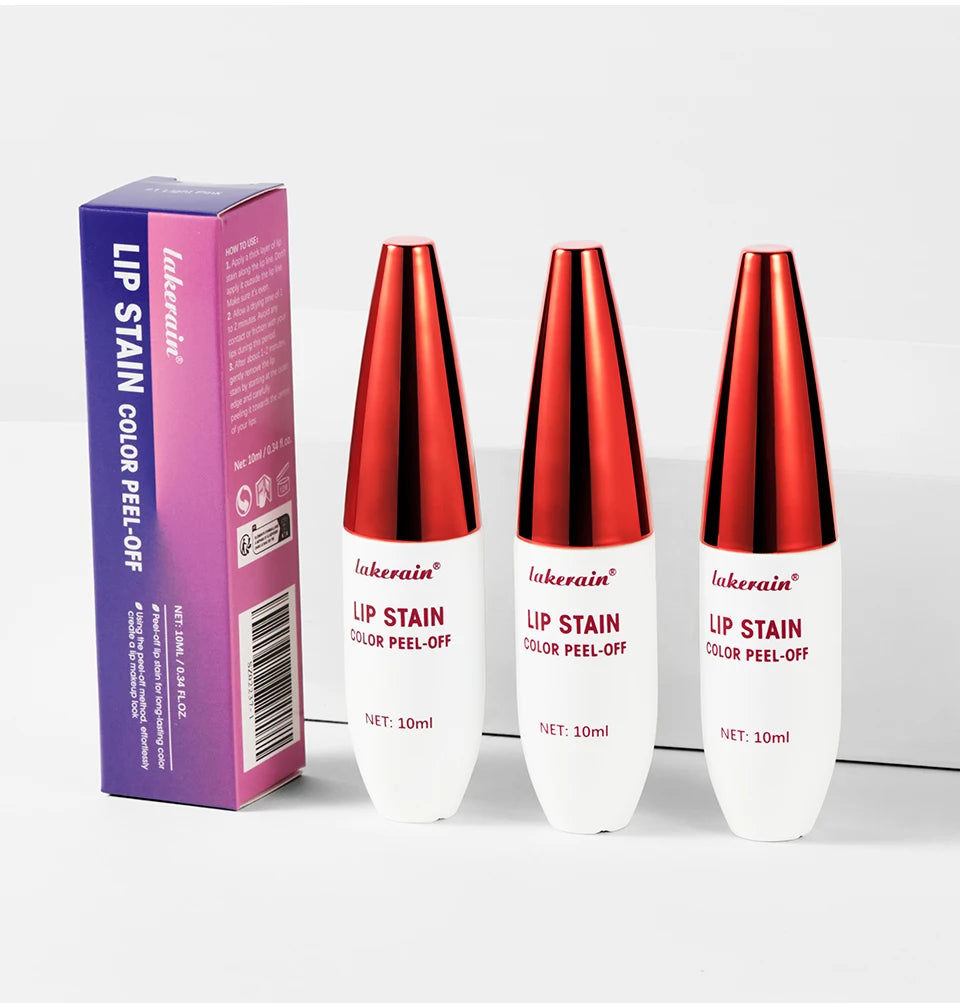 Three Lakerain peel-off waterproof lip stain tubes with red caps and matte finish packaging for long-lasting color.