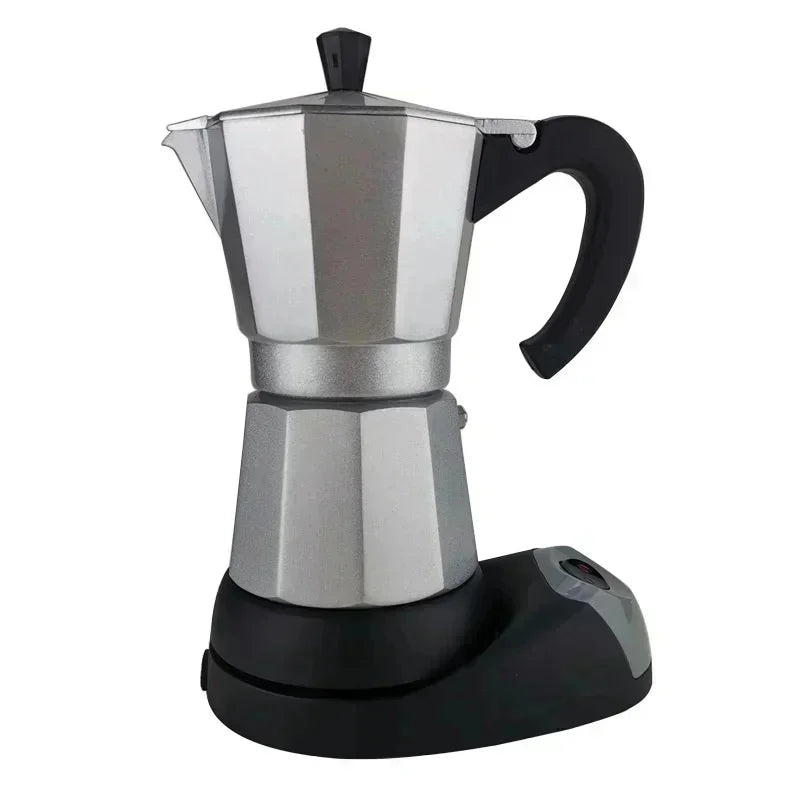 Silver aluminum electric moka pot coffee maker with black handle and base, isolated on a white background.