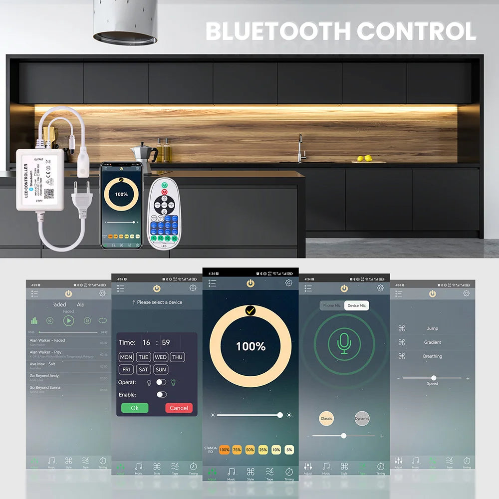 220V COB LED Neon Strip Light Wall Touch Wifi Bluetooth 23key Remote Control Power Kit Dimmable 288 LEDs Flexible Silicone Lamp